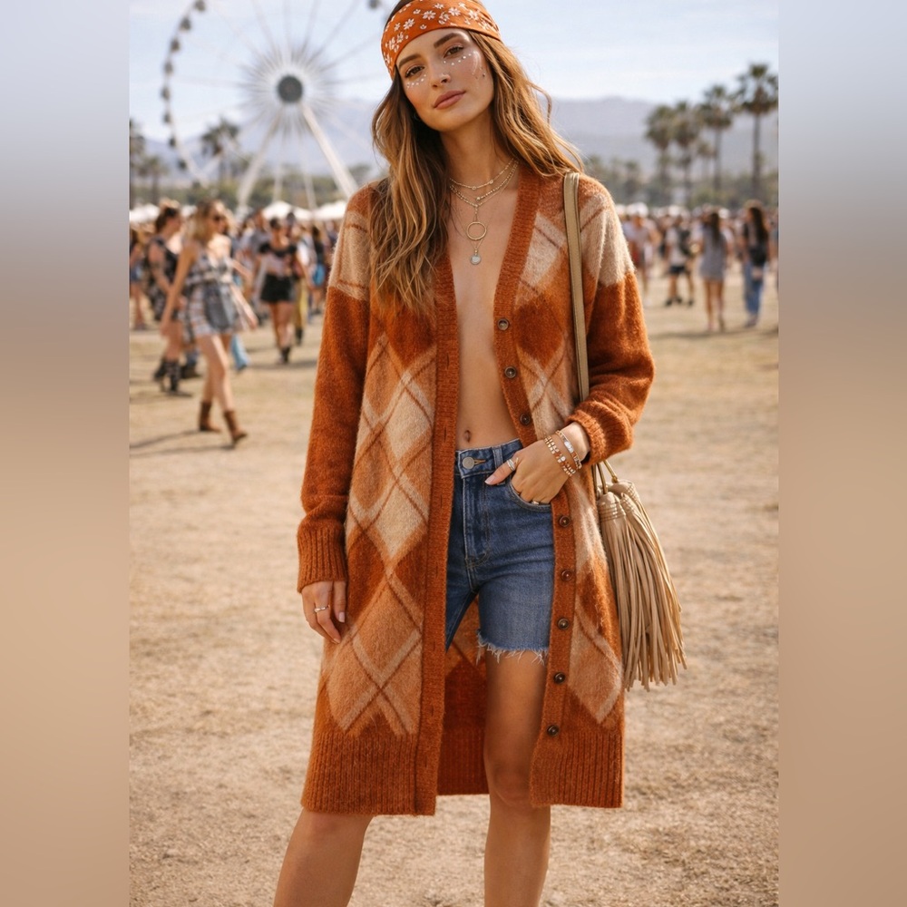 JENS PIRATE BOOTY x FREE PEOPLE Louella Argyle Oversized Longline Cardigan M/L - Picture 13 of 14